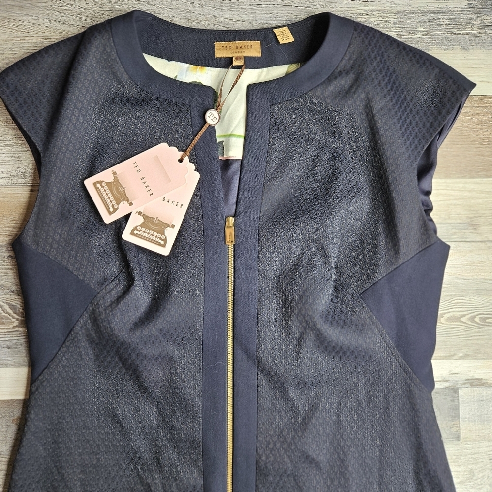 Ted Baker Textured Dress Navy Blue Zipper Front Size 8 NEW - Picture 3 of 11